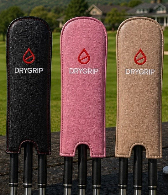 Three DRYGRIP golf club headcovers in black, pink, and beige leather, shown with their clubs