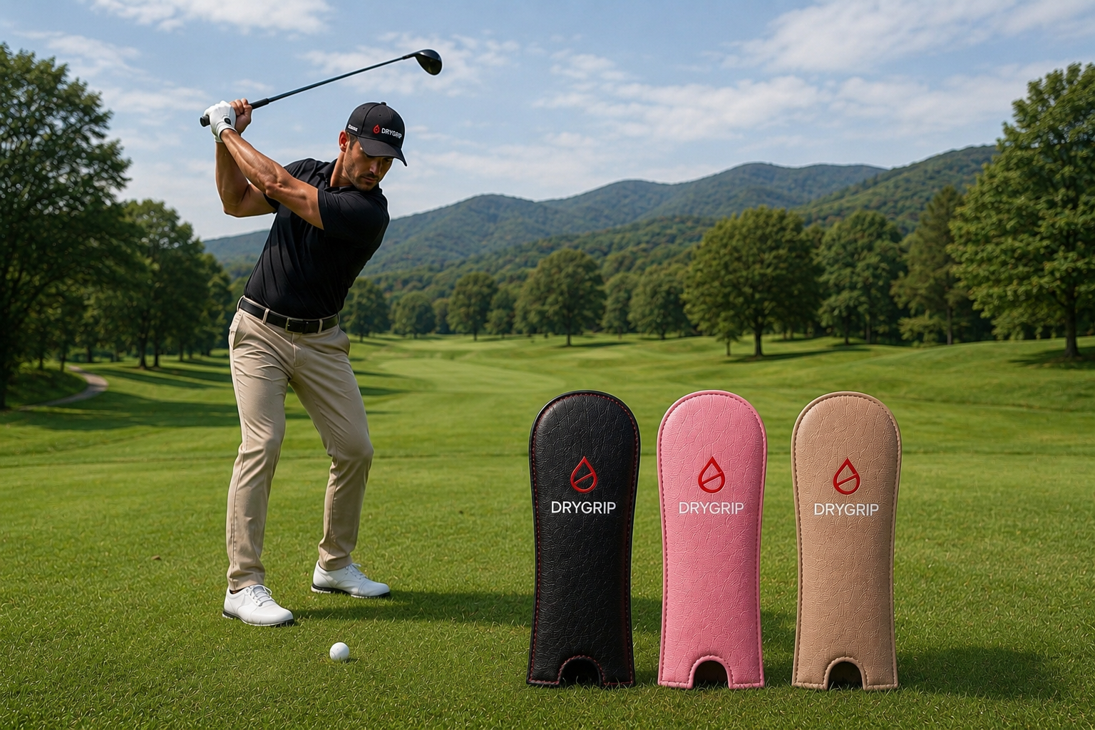 A golfer swings a club on a golf course, with three DRYGRIP golf grip covers in black, pink, and beige standing on the grass in the foreground.