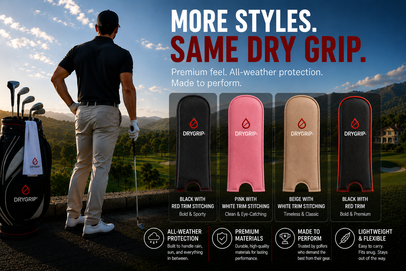 Golf product graphic showing a golfer standing beside a golf bag with a four color options for the club grip: black with red trim, pink with white trim, beige with white trim, and black with red leather trim. 